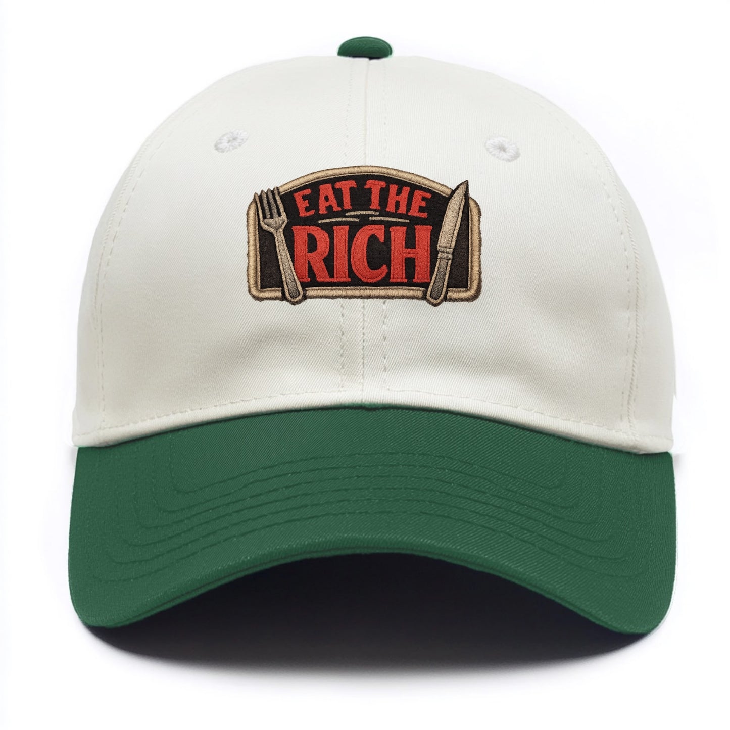 EAT THE RICH - fork and knife with text in red and silver , class war - Two Tone Cap - Green