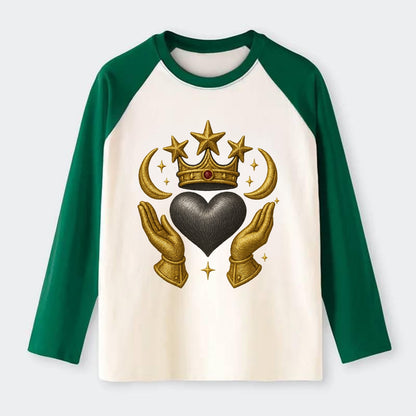 Sun goddess crown radiating golden rays over a midnight heart with - Raglan Long Sleeve T-Shirt - Green