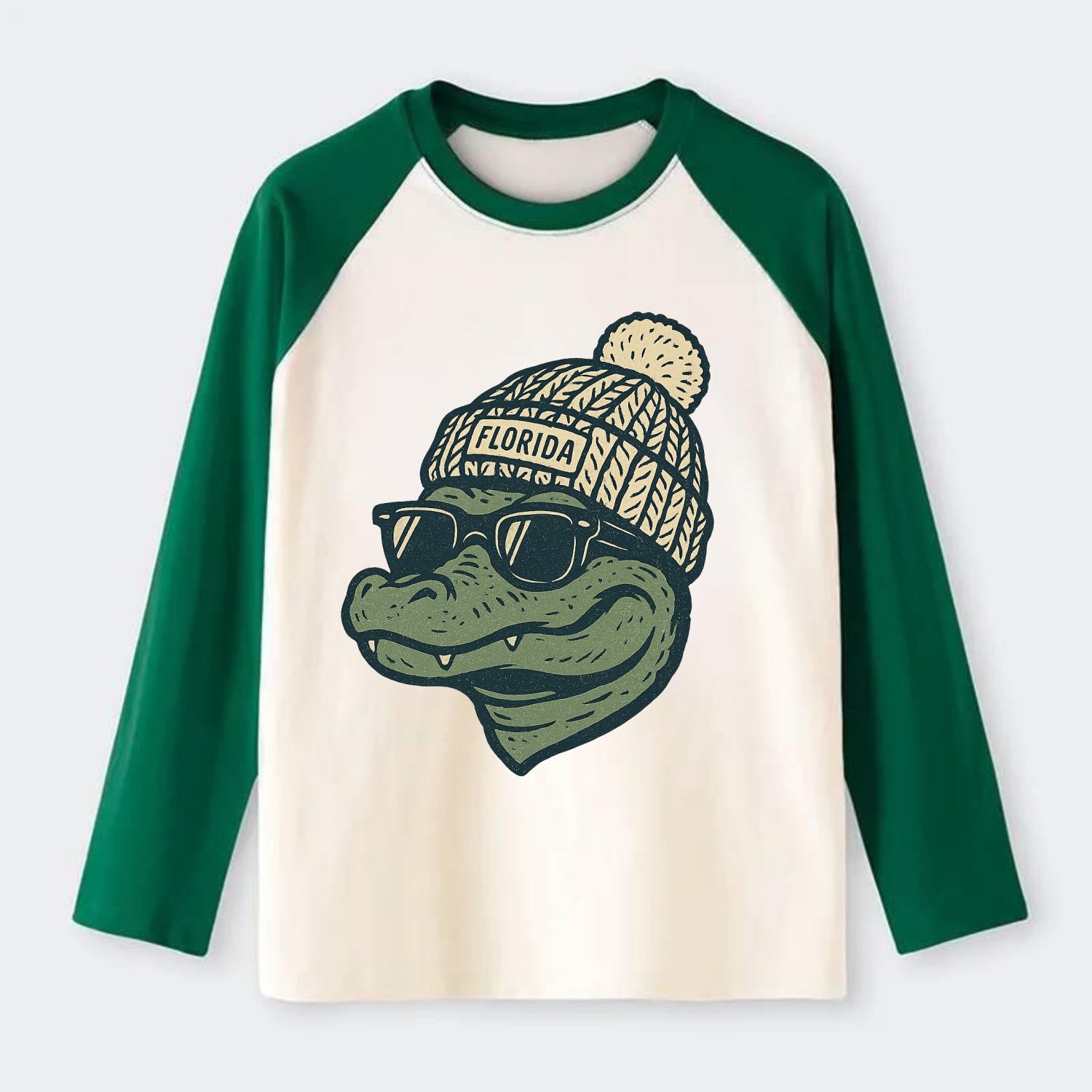 Gainesville Gator wearing Florida beanie - Raglan Long Sleeve T-Shirt - Green