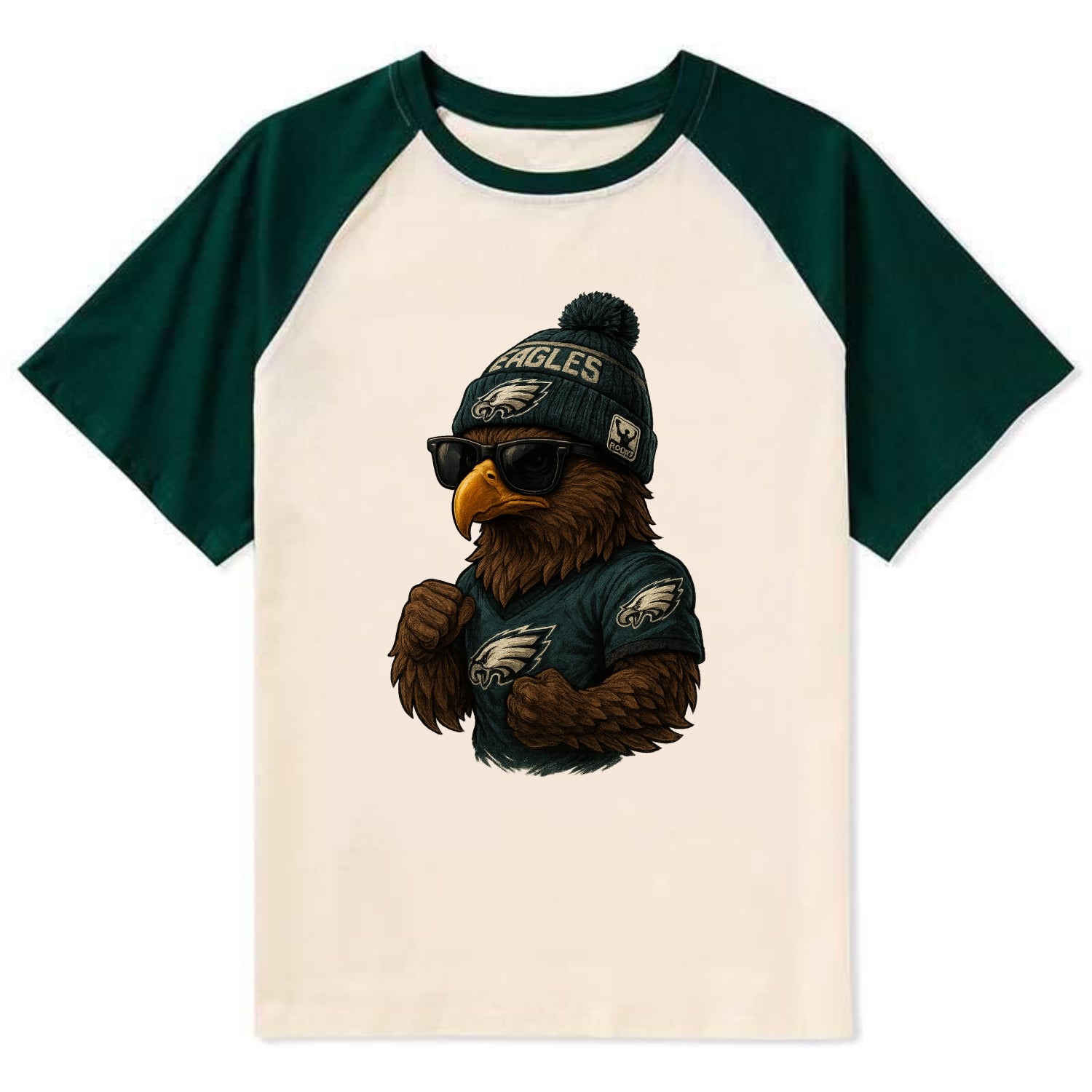 Philly Hawk wearing Eagles beanie with Rocky patch and wayfarer sunglasses - Contrast Raglan T-shirt - Green