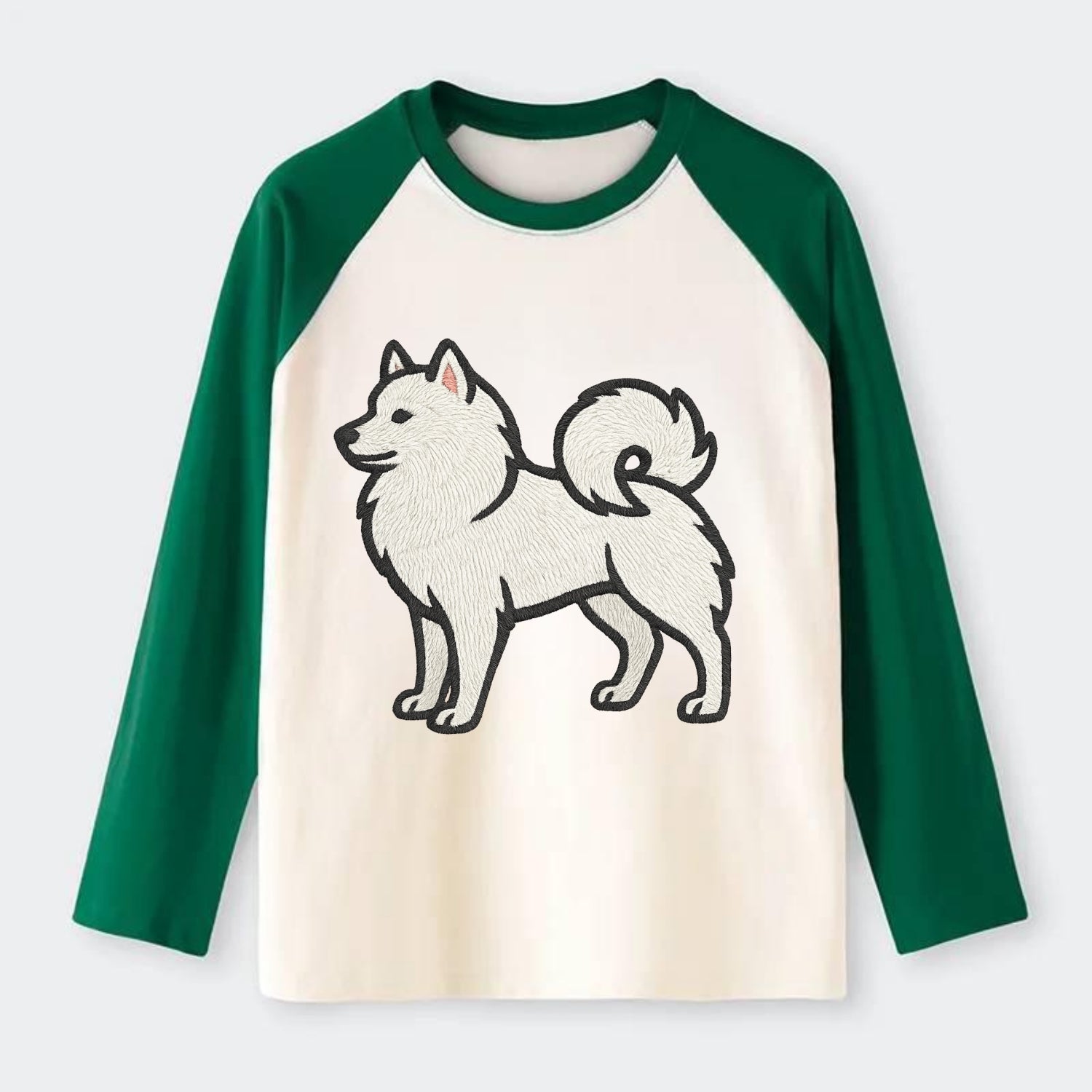 American Eskimo Dog - White spitz embroidered standing design - Raglan Long Sleeve T-Shirt - Green