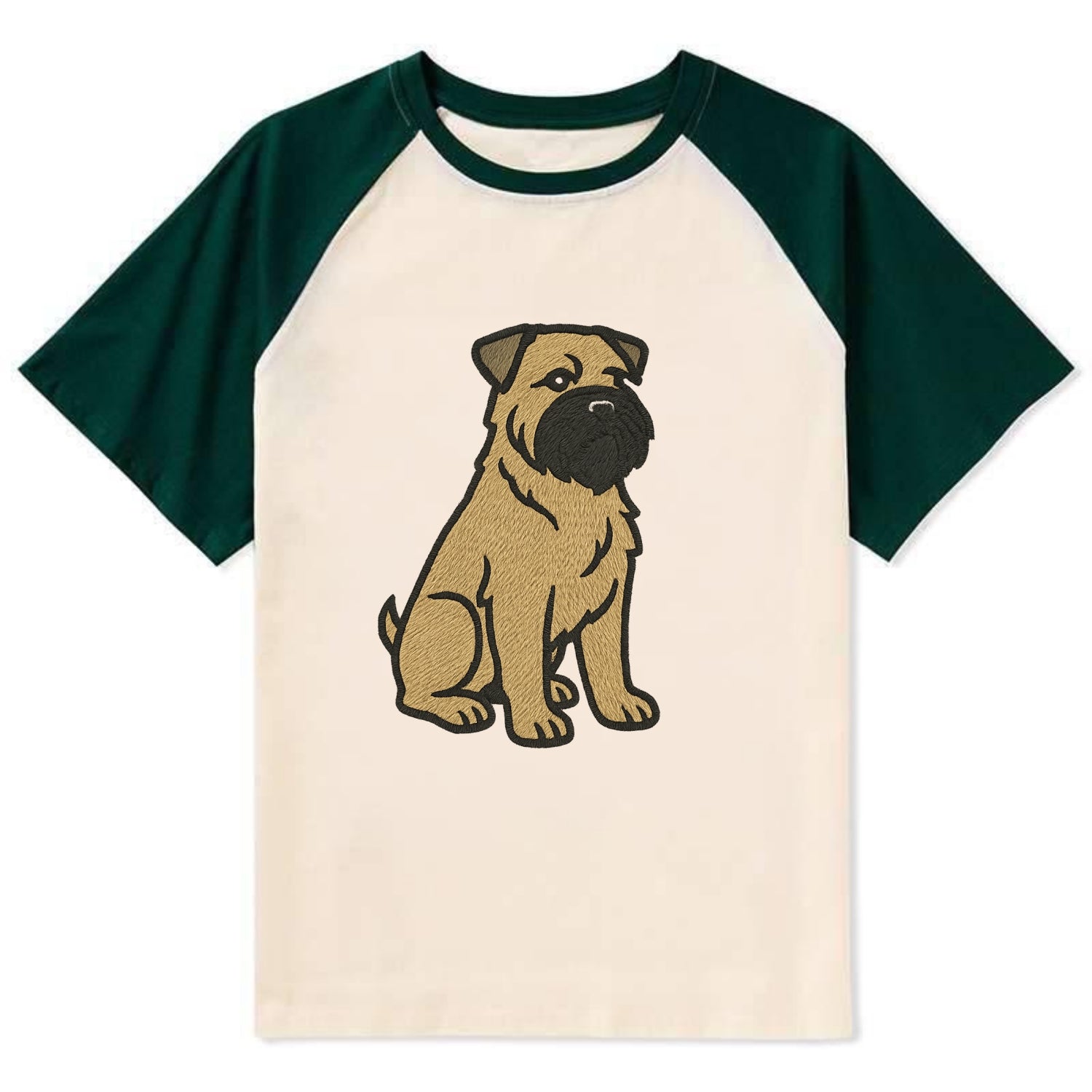 Bouvier des Flandres - Fawn rough coat embroidered design - Contrast Raglan T-shirt - Green
