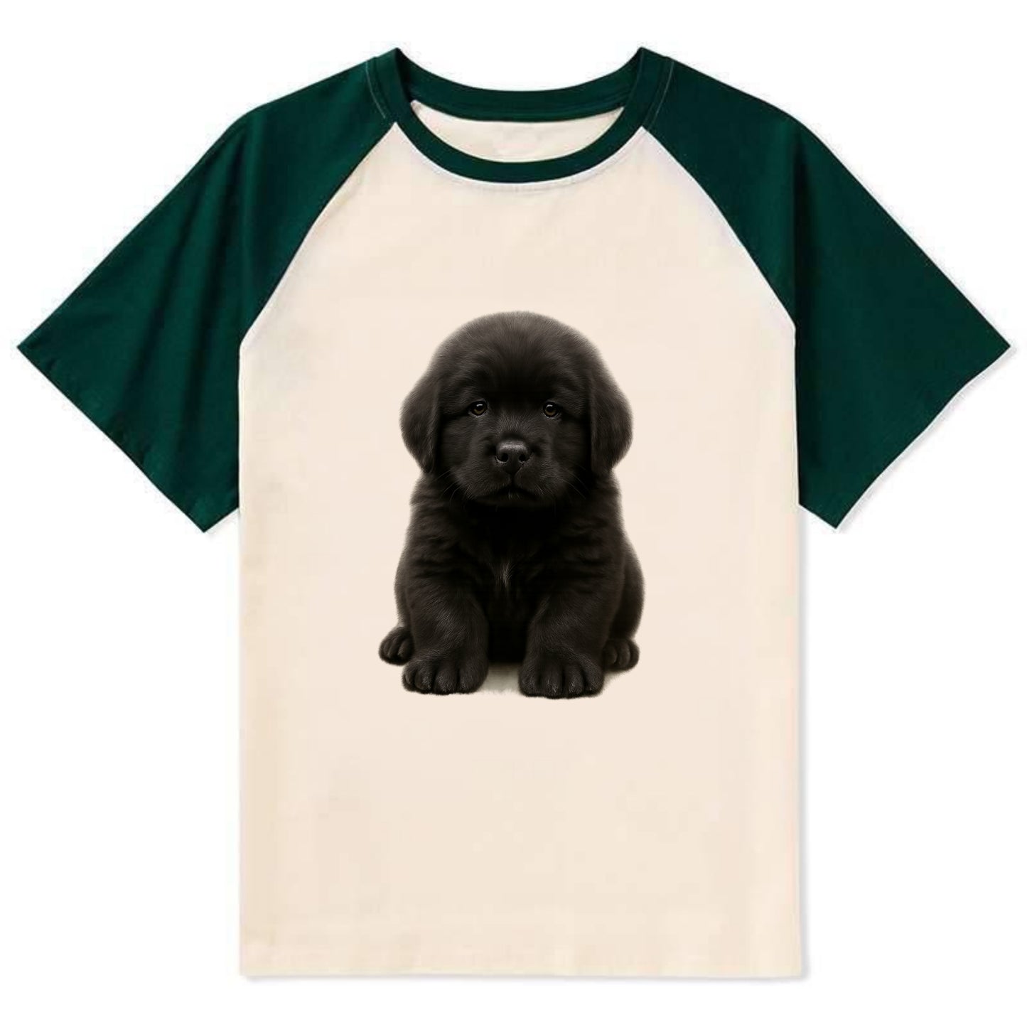 Baby Newfoundland Puppy - giant fluffy black, gentle eyes, webbed paws, - Contrast Raglan T-shirt - Green