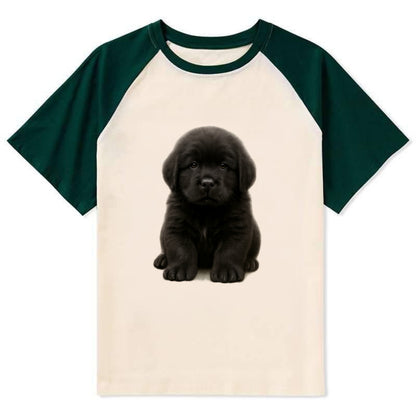 Baby Newfoundland Puppy - giant fluffy black, gentle eyes, webbed paws, - Contrast Raglan T-shirt - Green