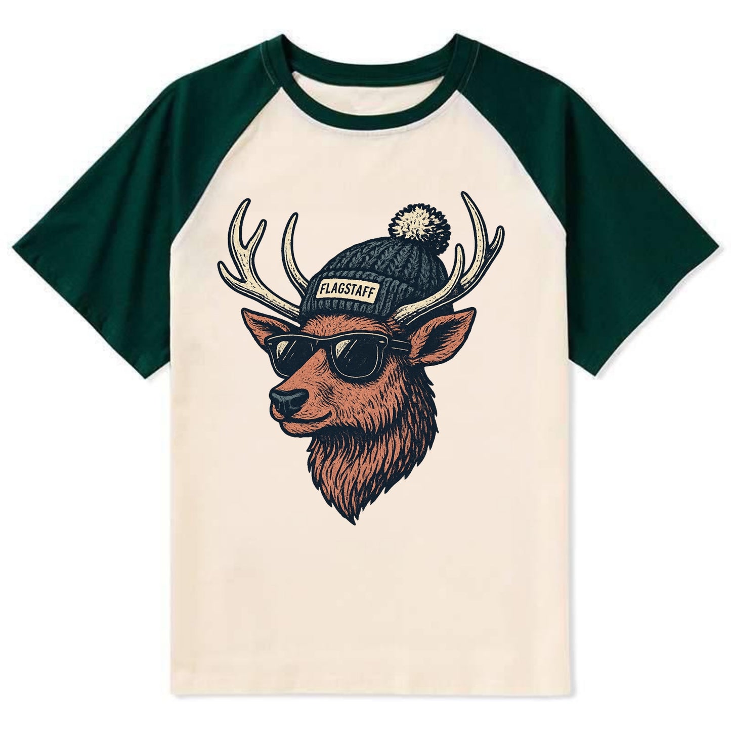 Flagstaff Elk wearing Flagstaff beanie with pom pom and wayfarer - Contrast Raglan T-shirt - Green