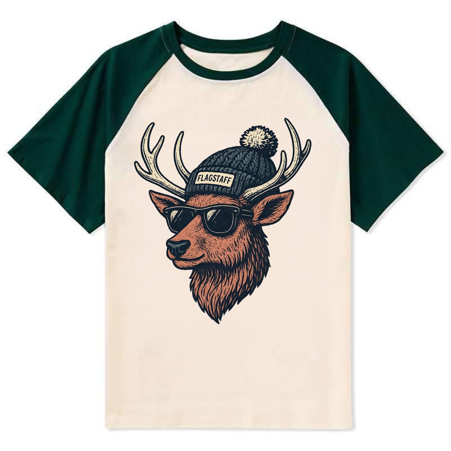 Flagstaff Elk wearing Flagstaff beanie with pom pom and wayfarer - Contrast Raglan T-shirt - Green