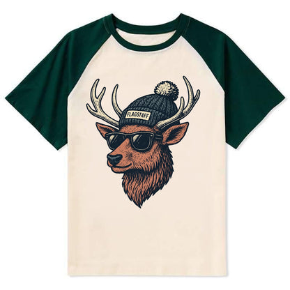 Flagstaff Elk wearing Flagstaff beanie with pom pom and wayfarer - Contrast Raglan T-shirt - Green