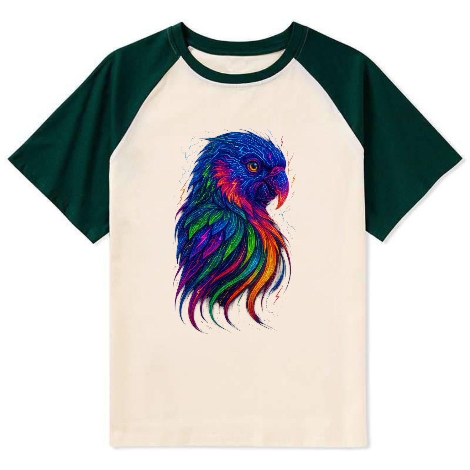 Vibrant parrot with feathers flowing into tropical rainbow streams, every - Contrast Raglan T-shirt - Green