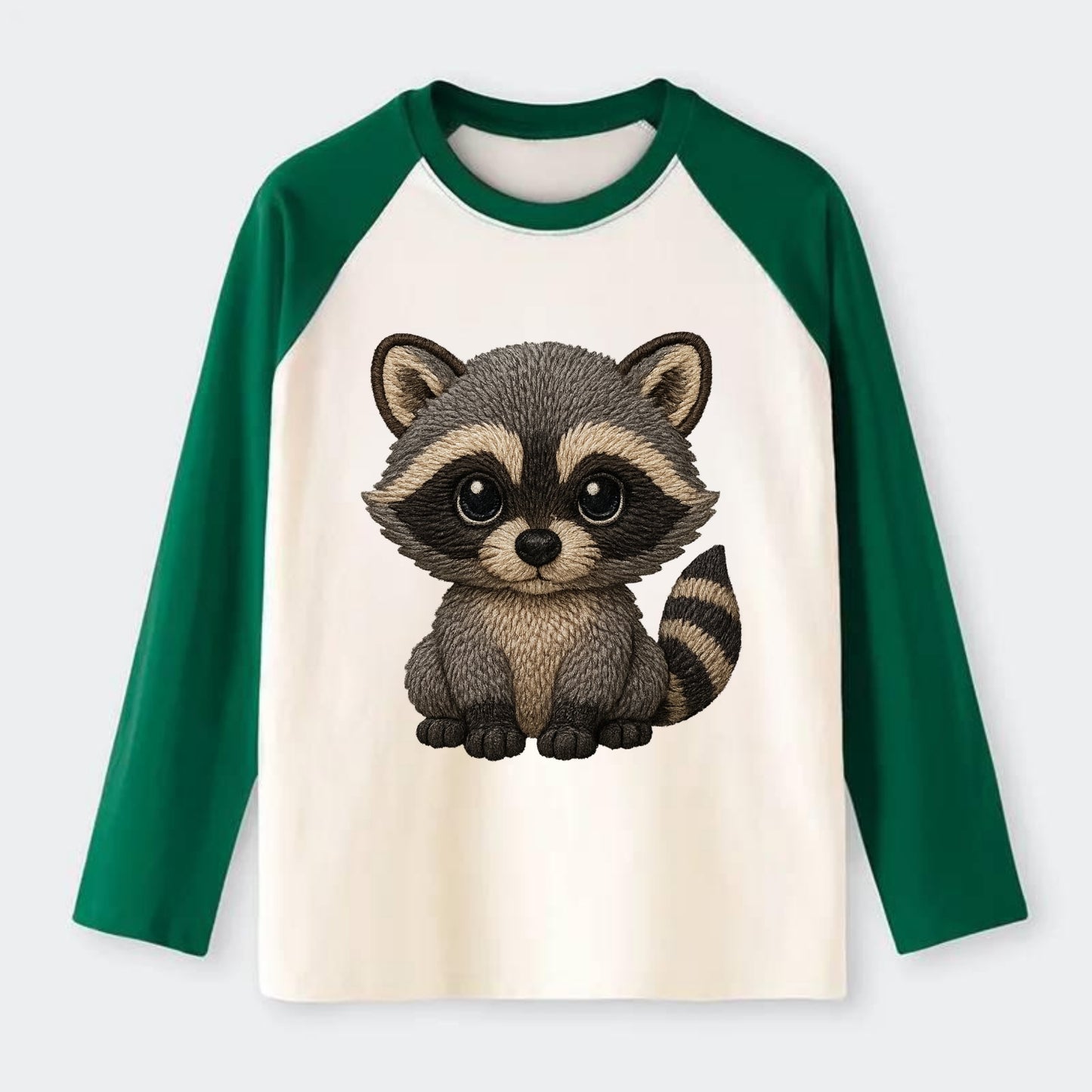 Baby Raccoon - gray fur, black mask, ringed tail, bright curious eyes, - Raglan Long Sleeve T-Shirt - Green