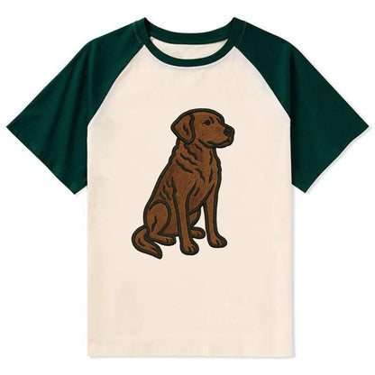 Chesapeake Bay Retriever - Brown wavy coat embroidered sitting pose - Contrast Raglan T-shirt - Green