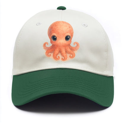 Baby Octopus - red-orange, eight tiny tentacles curled, large intelligent eyes, - Two Tone Cap - Green