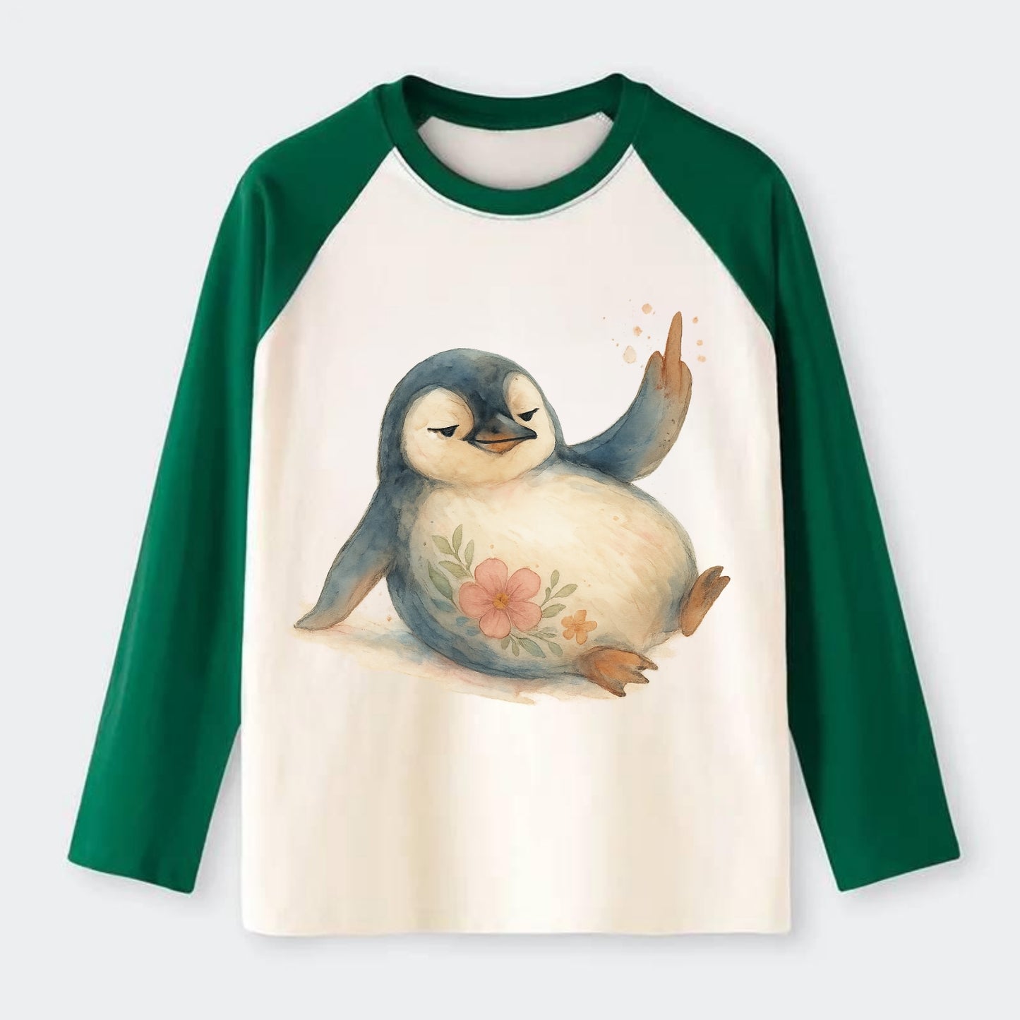 chubby penguin sliding on belly, one flipper up giving attitude - Raglan Long Sleeve T-Shirt - Green