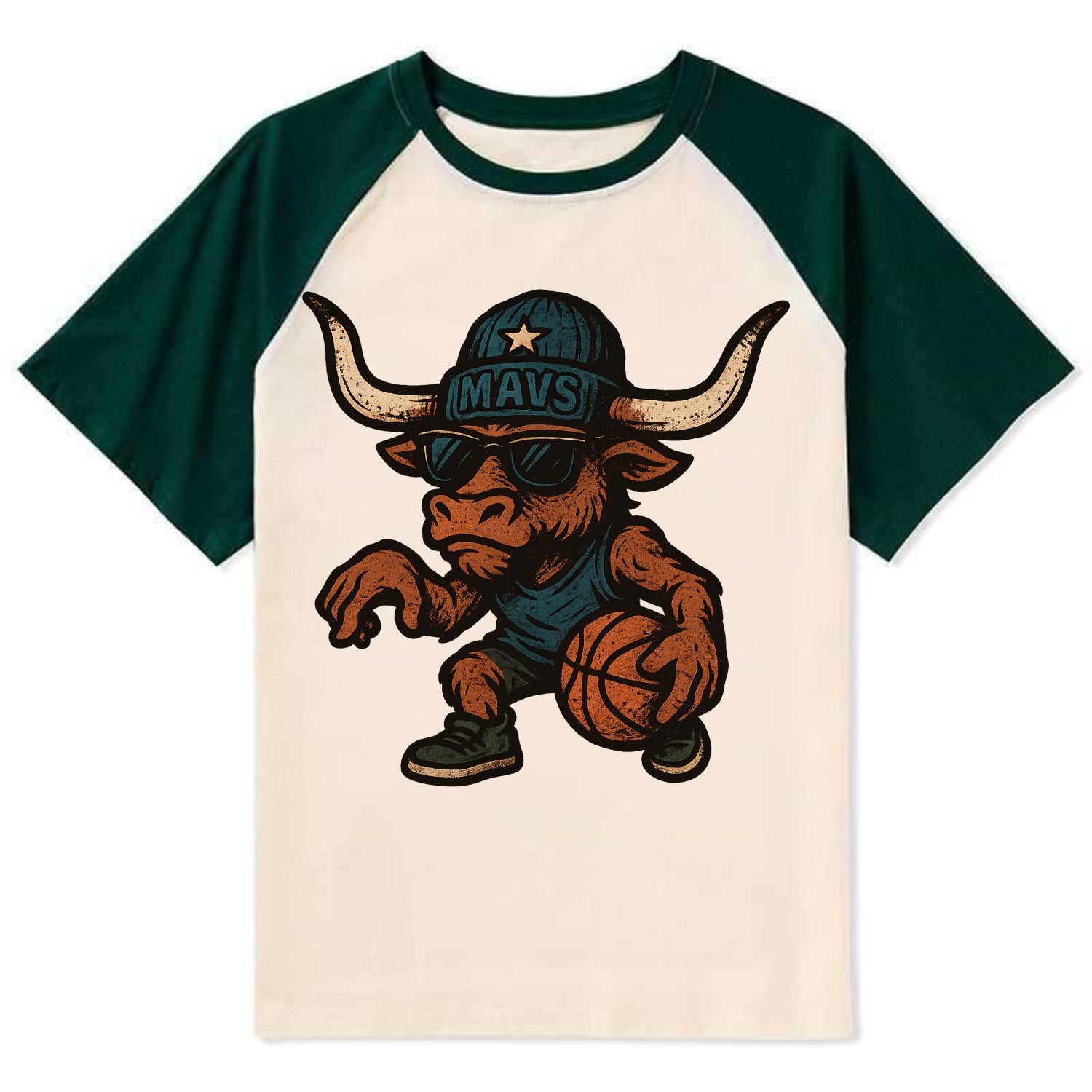 Texas Longhorn wearing Mavs beanie with lone star patch and wayfarer - Contrast Raglan T-shirt - Green