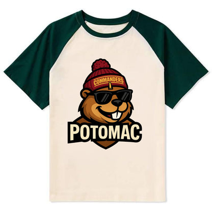 Potomac Beaver wearing Commanders beanie with monument patch and wayfarer - Contrast Raglan T-shirt - Green
