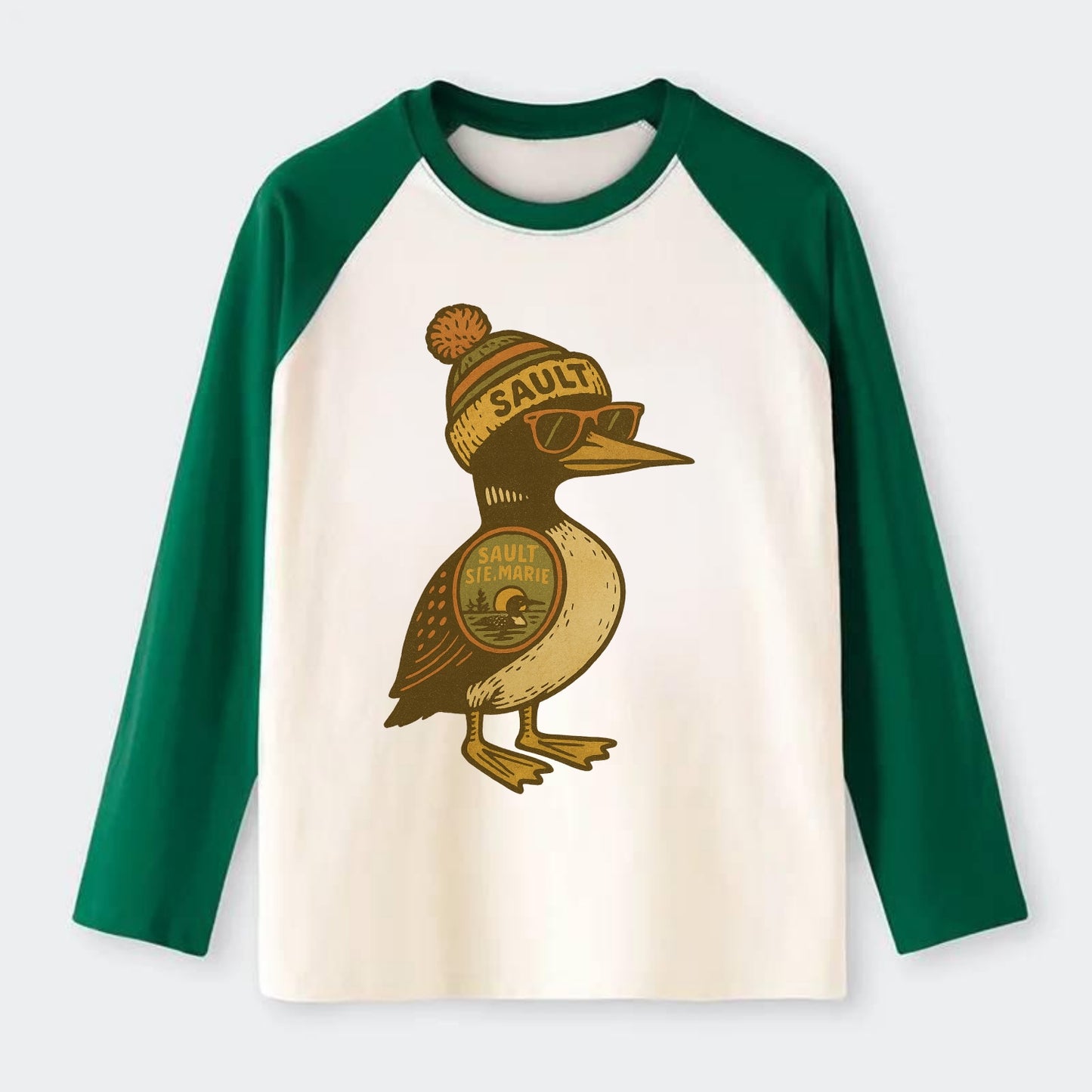 Sault Ste Marie Loon wearing Sault beani - Raglan Long Sleeve T-Shirt - Green