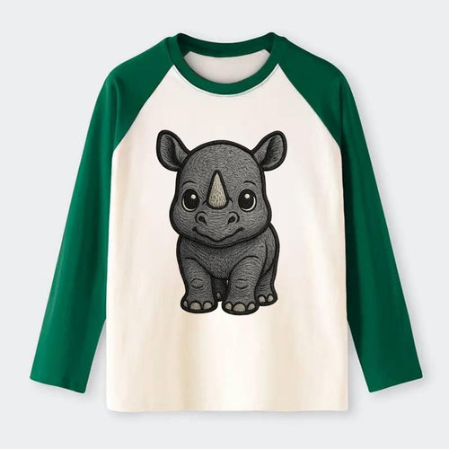 Baby Rhino - gray armor skin, tiny horn nub, round eyes, front-facing, - Raglan Long Sleeve T-Shirt