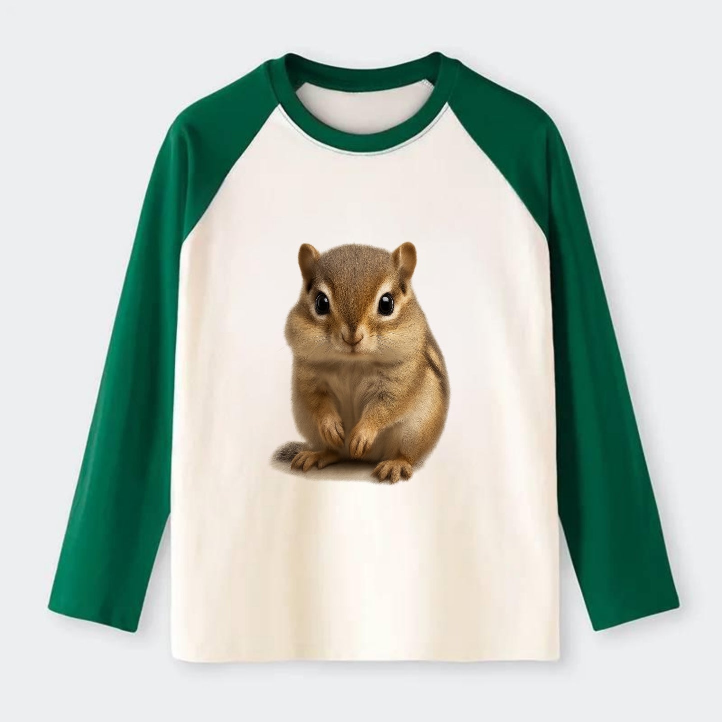 Baby Chipmunk - striped back, cheek pouches, tiny paws, bright eyes, - Raglan Long Sleeve T-Shirt - Green