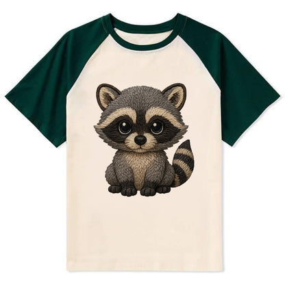 Baby Raccoon - gray fur, black mask, ringed tail, bright curious eyes, - Contrast Raglan T-shirt - Green