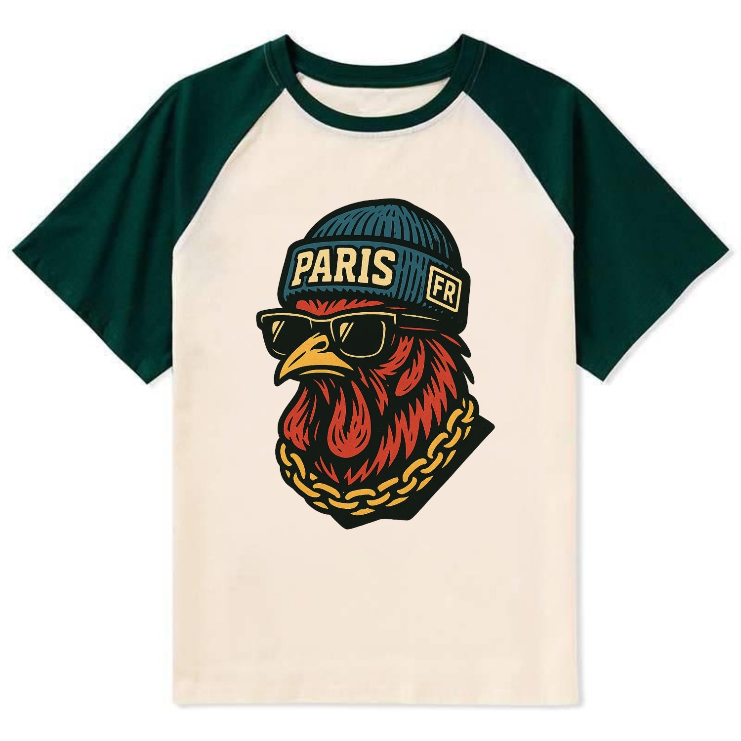 Paris Rooster - Contrast Raglan T-shirt - Green