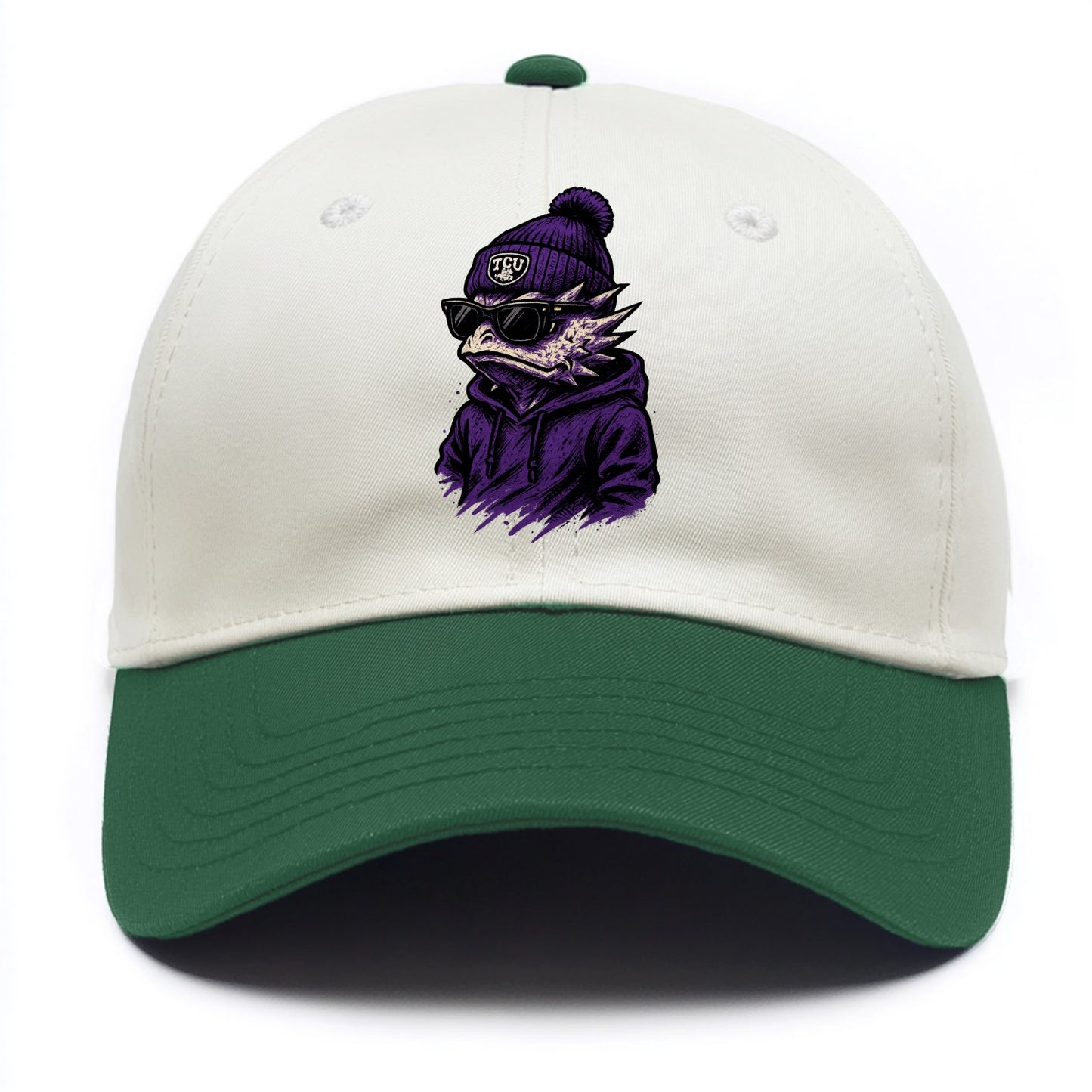 Fort Worth Horned Frog wearing TCU beanie with frog patch - Two Tone Cap - Green