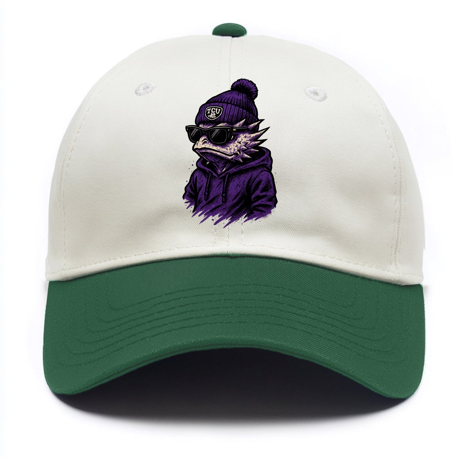 Fort Worth Horned Frog wearing TCU beanie with frog patch - Two Tone Cap - Green