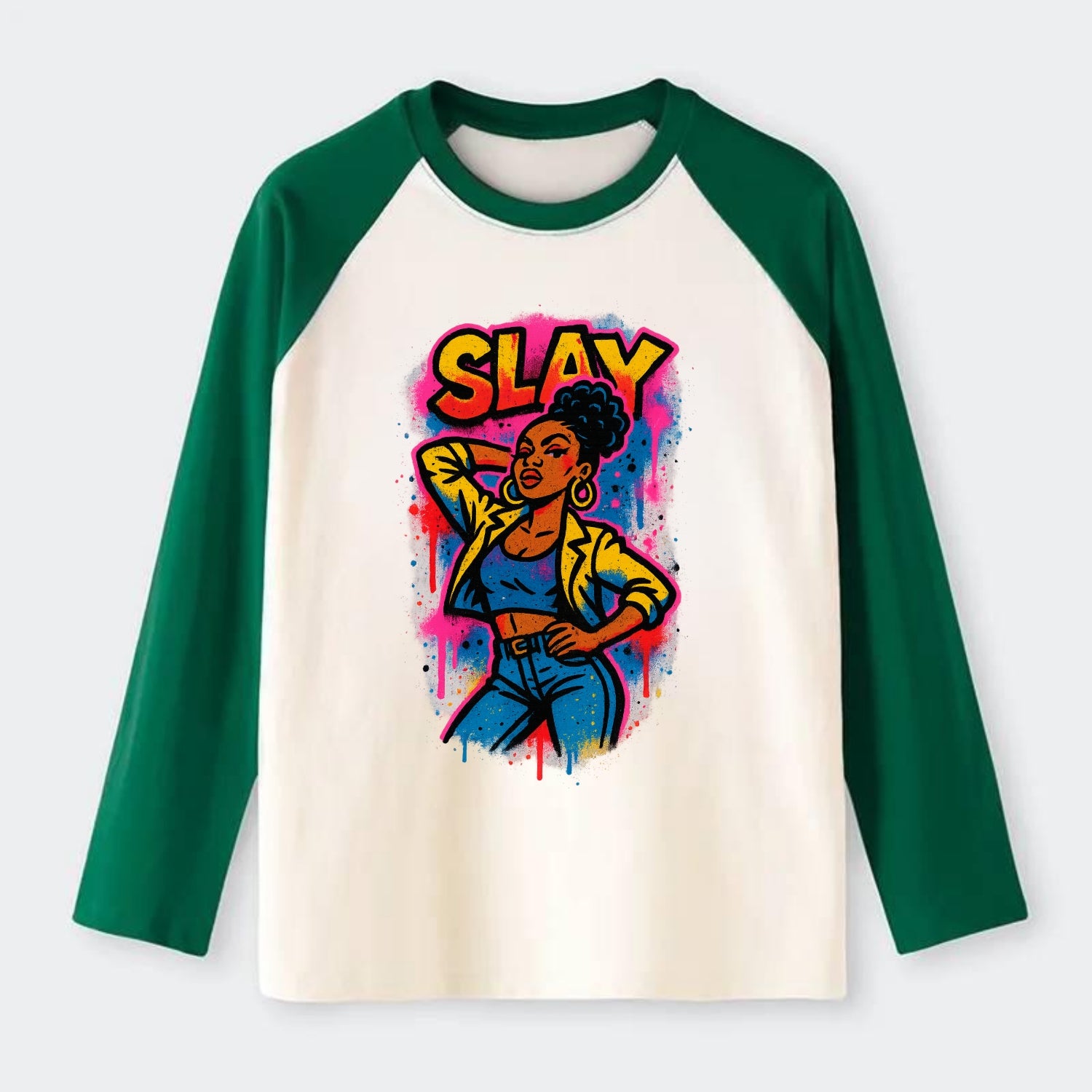 Empowered figure striking confident pose - "slay" culture, fierce and - Raglan Long Sleeve T-Shirt - Green