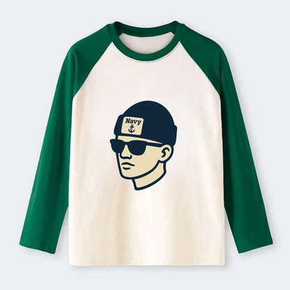 Annapolis Midshipman wearing Navy beanie with anchor patch - Raglan Long Sleeve T-Shirt - Green