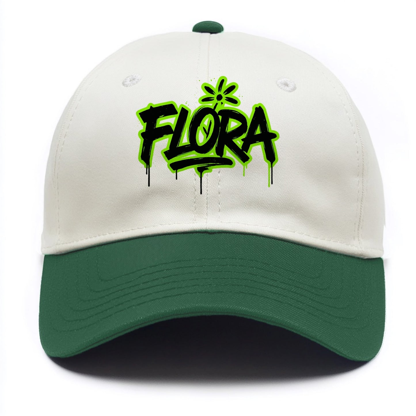 Bold typography design - "FLORA" - plant life, blooming - Two Tone Cap - Green
