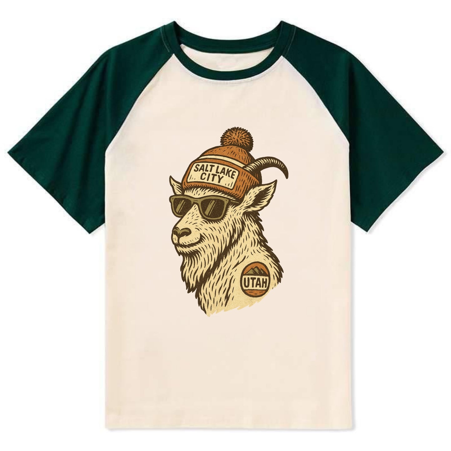 Utah Mountain Goat wearing Salt Lake City beanie with pom pom and - Contrast Raglan T-shirt - Green