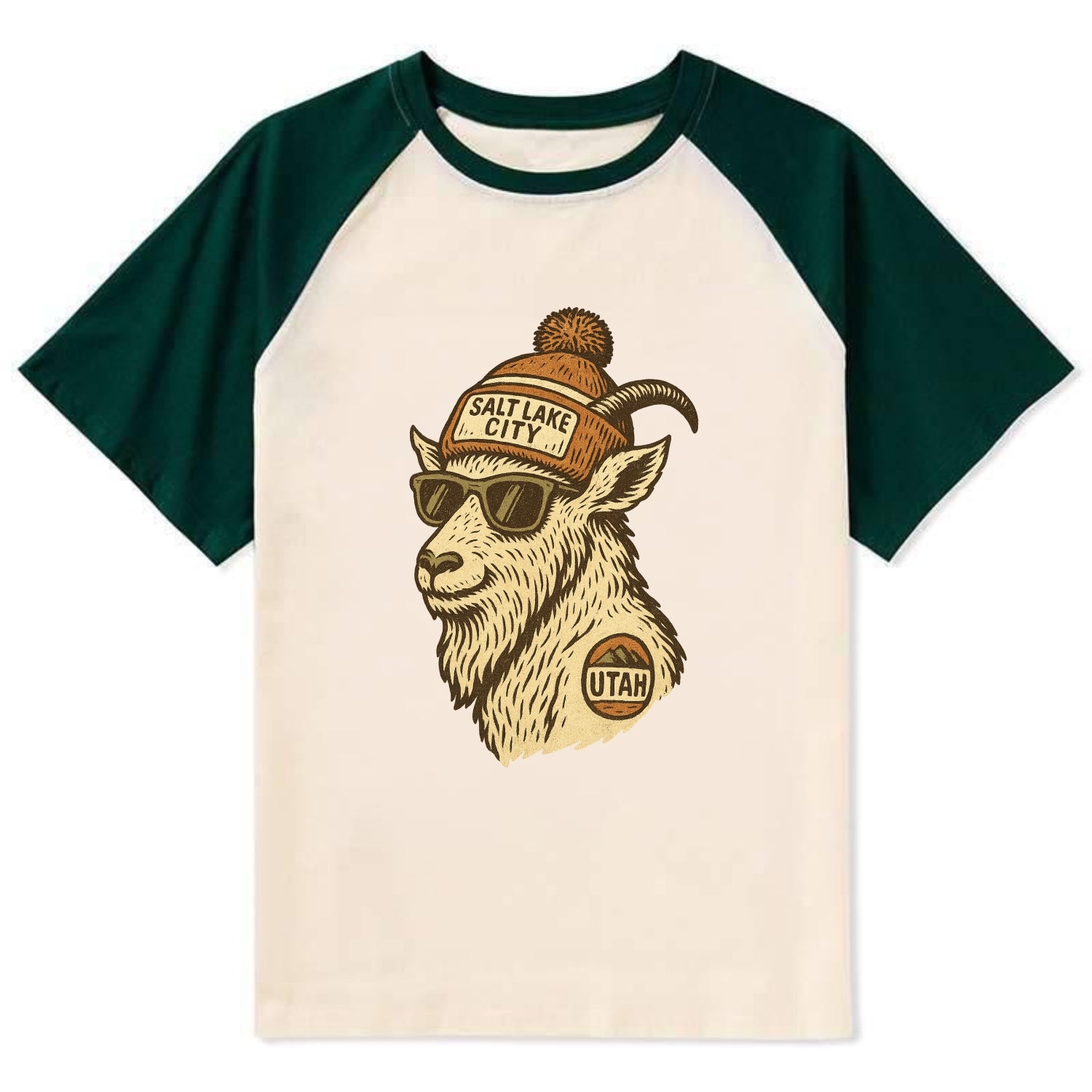 Utah Mountain Goat wearing Salt Lake City beanie with pom pom and - Contrast Raglan T-shirt - Green