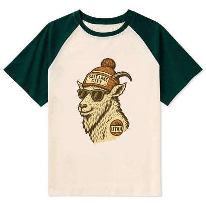 Utah Mountain Goat wearing Salt Lake City beanie with pom pom and - Contrast Raglan T-shirt - Green