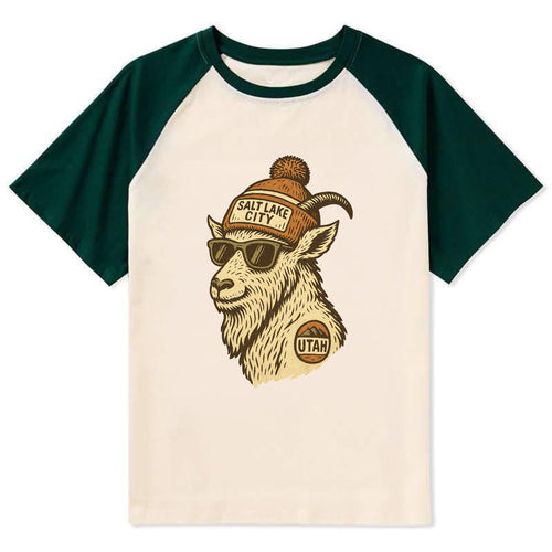 Utah Mountain Goat wearing Salt Lake City beanie with pom pom and - Contrast Raglan T-shirt
