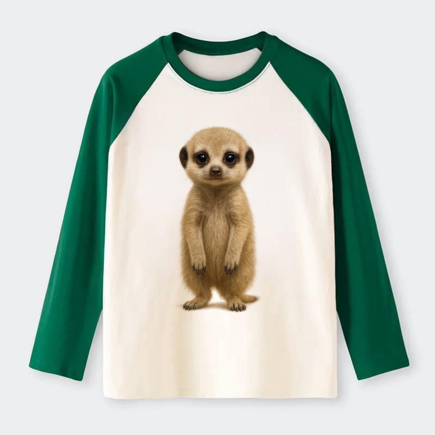 Baby Meerkat - tan fur, dark eye patches, alert stance, bright eyes, - Raglan Long Sleeve T-Shirt - Green