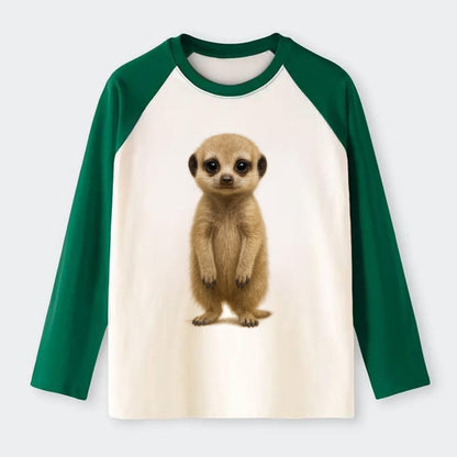 Baby Meerkat - tan fur, dark eye patches, alert stance, bright eyes, - Raglan Long Sleeve T-Shirt - Green
