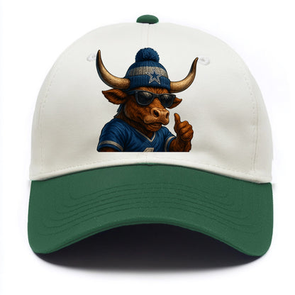 Texas Longhorn wearing Cowboys silver and blue beanie with star and wayfarer - Two Tone Cap - Green