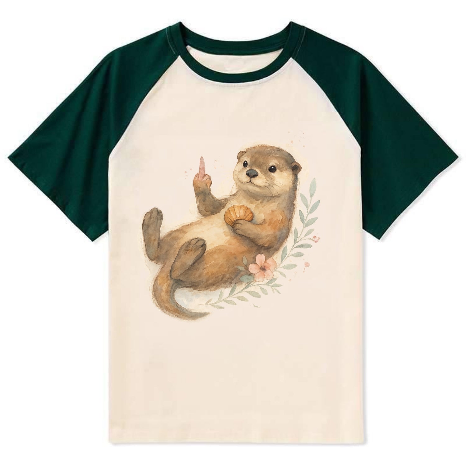 adorable otter floating on back, middle finger up while holding a - Contrast Raglan T-shirt - Green