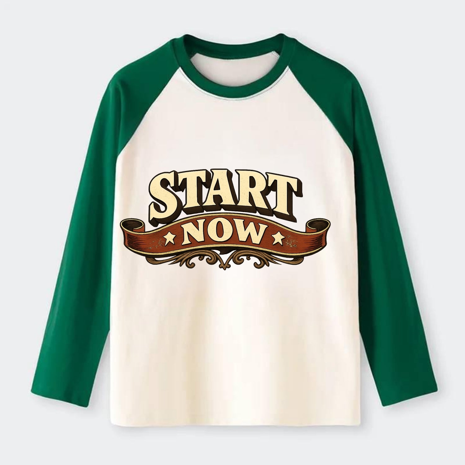 Bold typography design - "START NOW" - begin immediately, no delay - Raglan Long Sleeve T-Shirt - Green