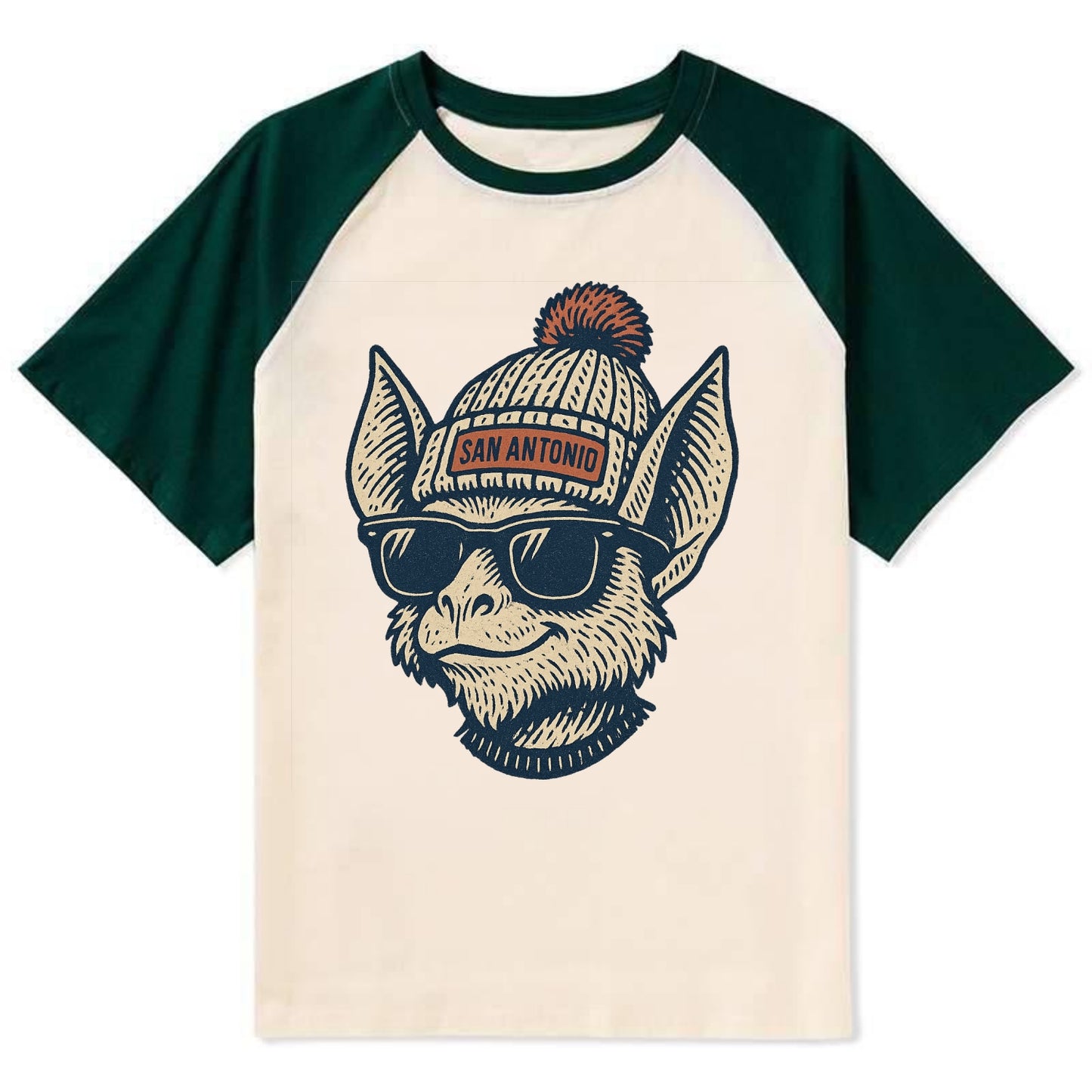 San Antonio Bat wearing San Antonio beanie with pom pom and wayfarer - Contrast Raglan T-shirt - Green