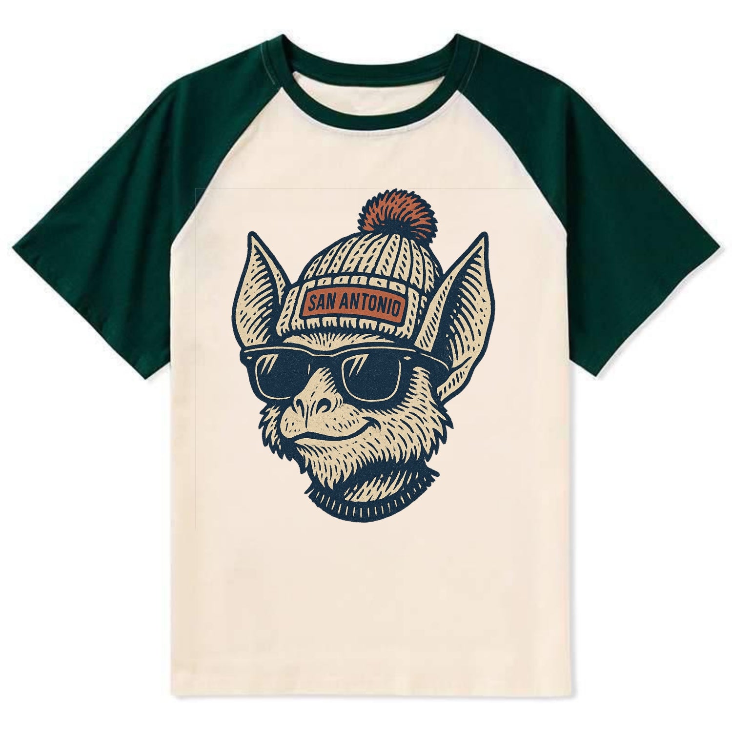 San Antonio Bat wearing San Antonio beanie with pom pom and wayfarer - Contrast Raglan T-shirt - Green