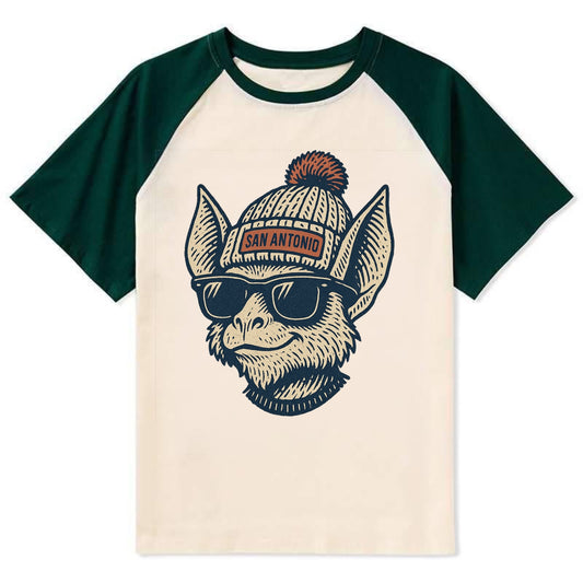San Antonio Bat wearing San Antonio beanie with pom pom and wayfarer - Contrast Raglan T-shirt - Green