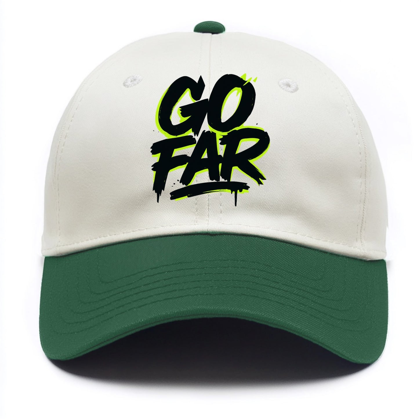 Bold typography design - "GO FAR" - distance goals, pushing limits - Two Tone Cap - Green