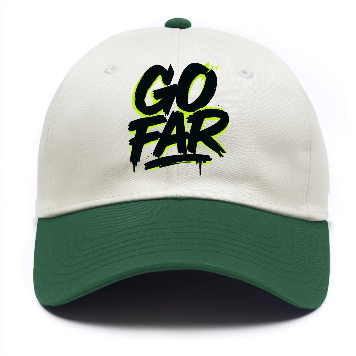 Bold typography design - "GO FAR" - distance goals, pushing limits - Two Tone Cap - Green