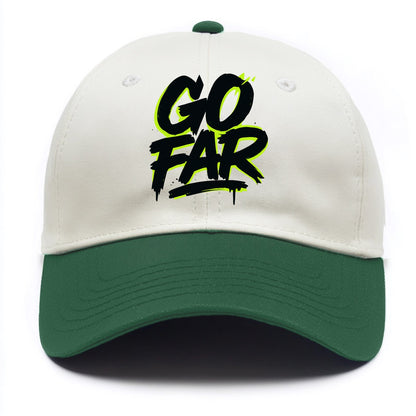 Bold typography design - "GO FAR" - distance goals, pushing limits - Two Tone Cap - Green