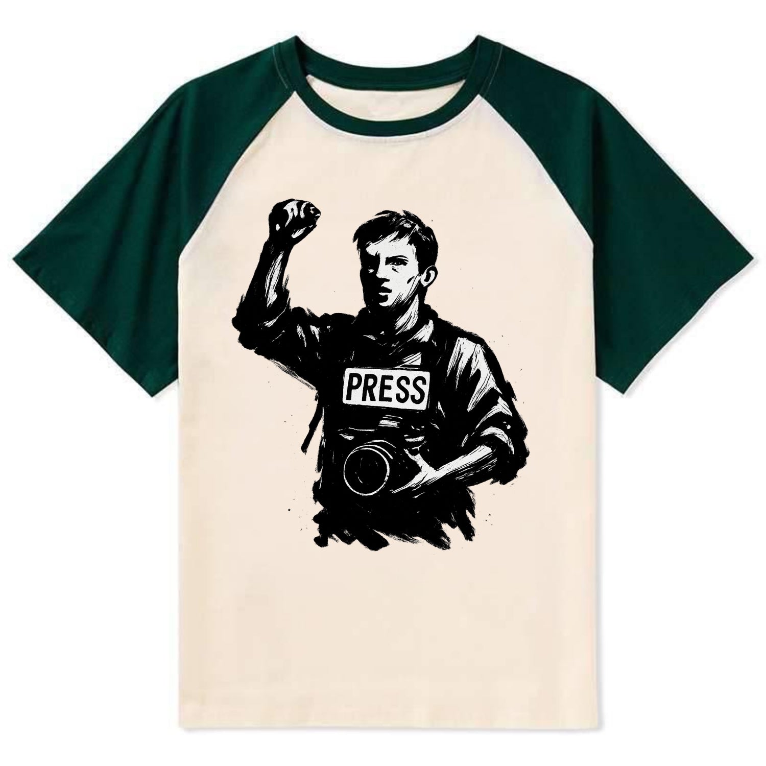 Journalist with camera - press freedom ink painting - Contrast Raglan T-shirt - Green