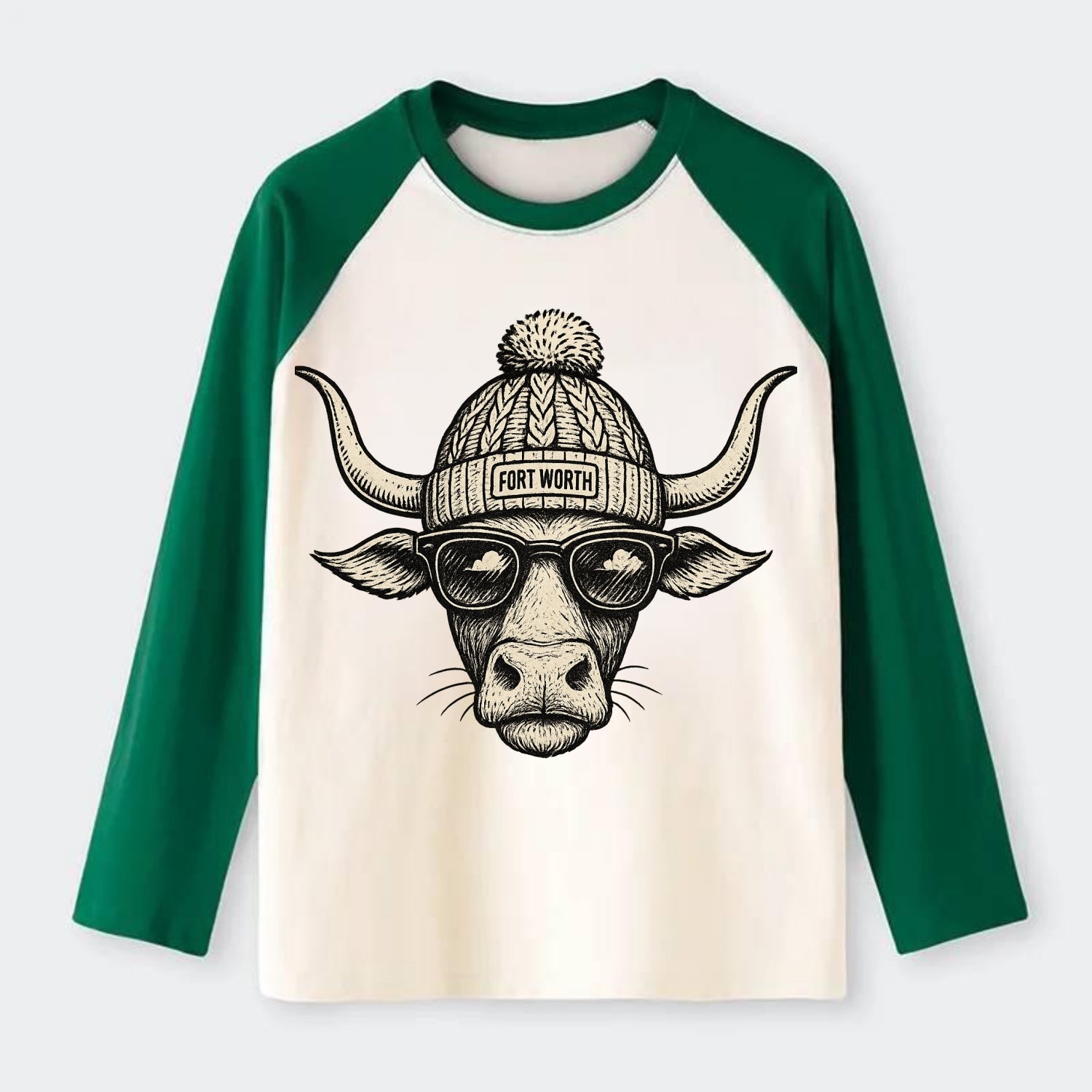 Fort Worth Longhorn wearing Fort Worth beanie with pom pom and - Raglan Long Sleeve T-Shirt - Green