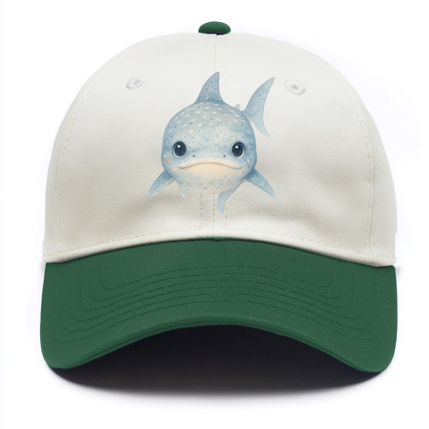 Baby Whale Shark - spotted blue-gray, wide mouth closed, tiny eyes, front-facing, - Two Tone Cap - Green
