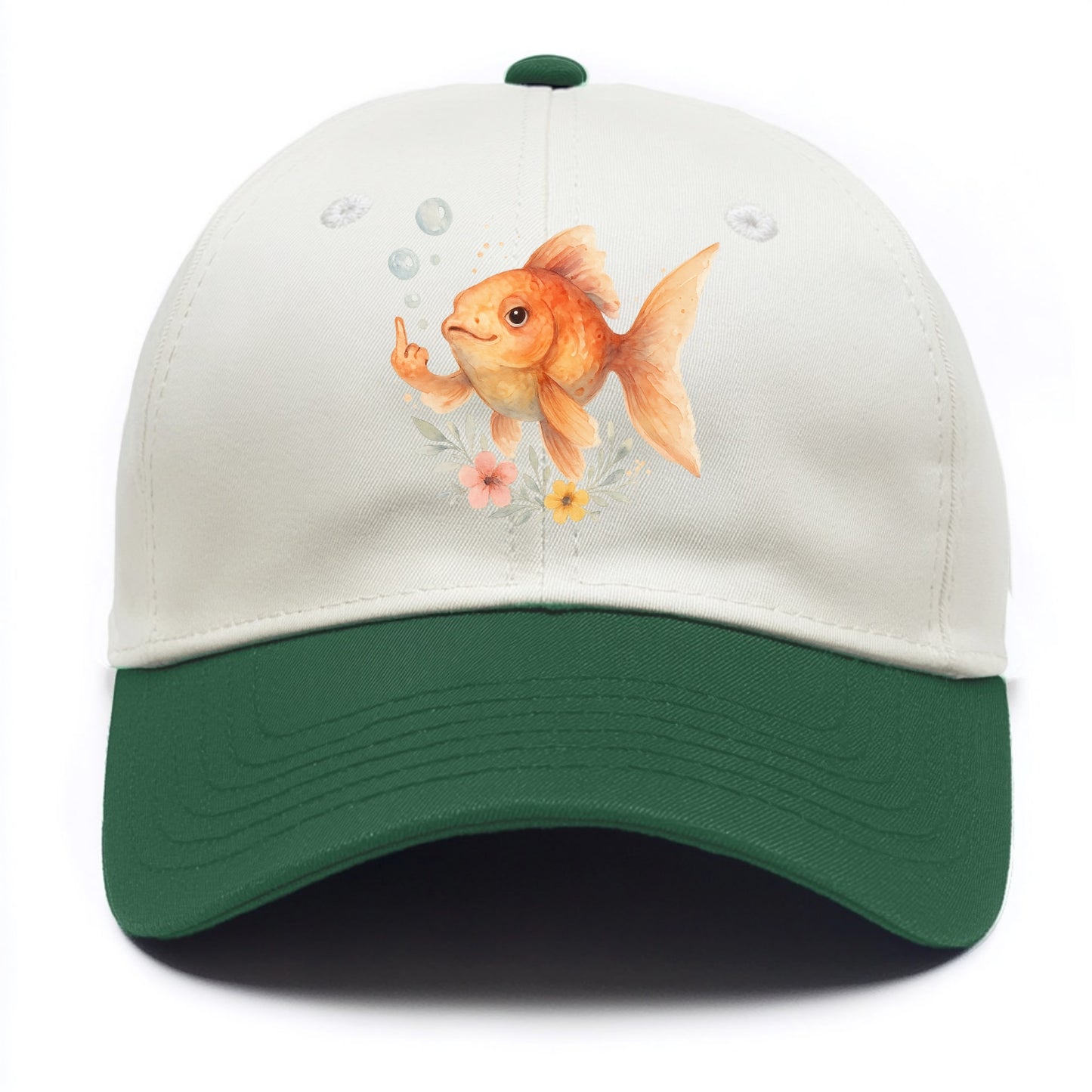 chubby goldfish blowing bubbles, one fin extended like middle finger - Two Tone Cap - Green