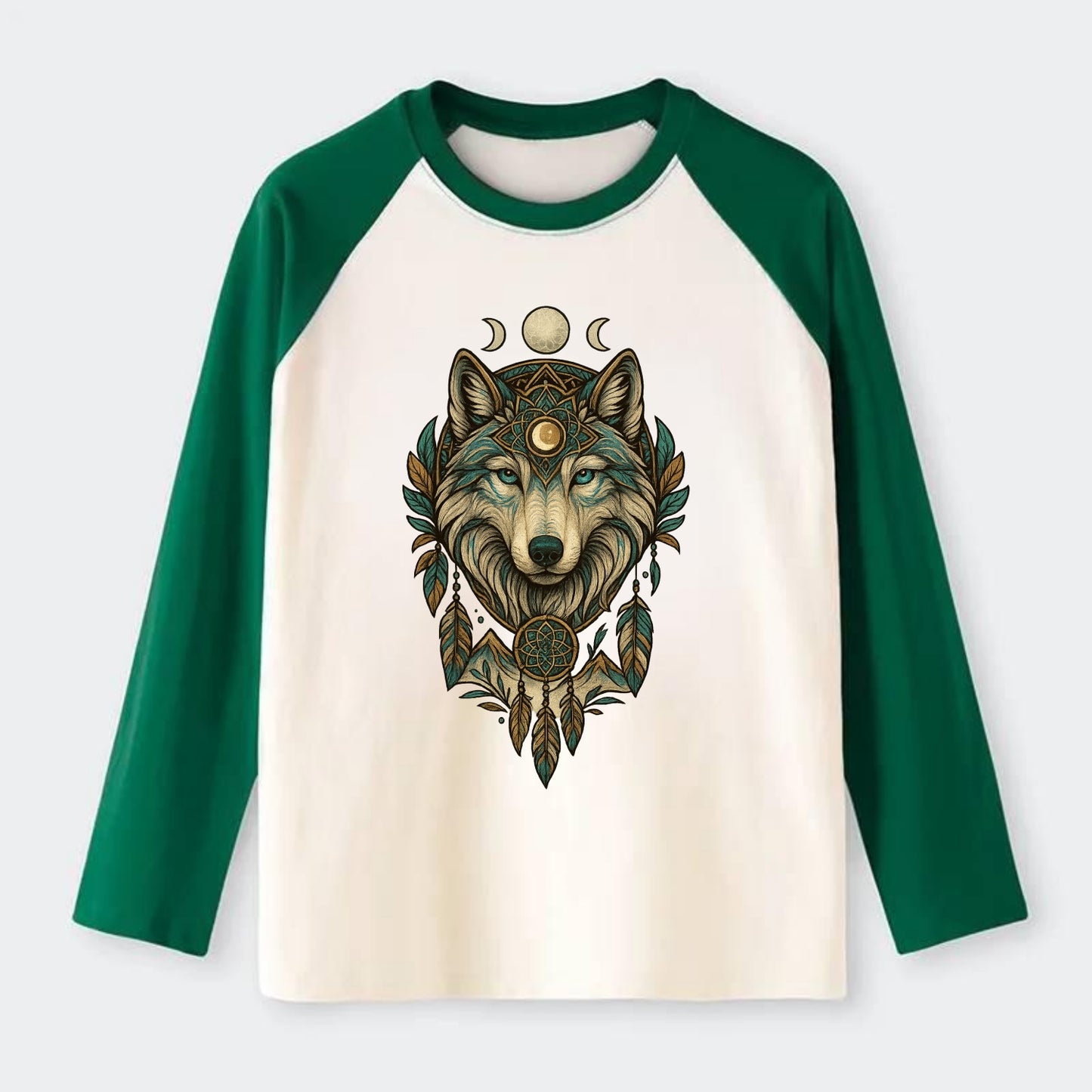 Pearl Wolf Shimmer  - Raglan Long Sleeve T-Shirt - Green