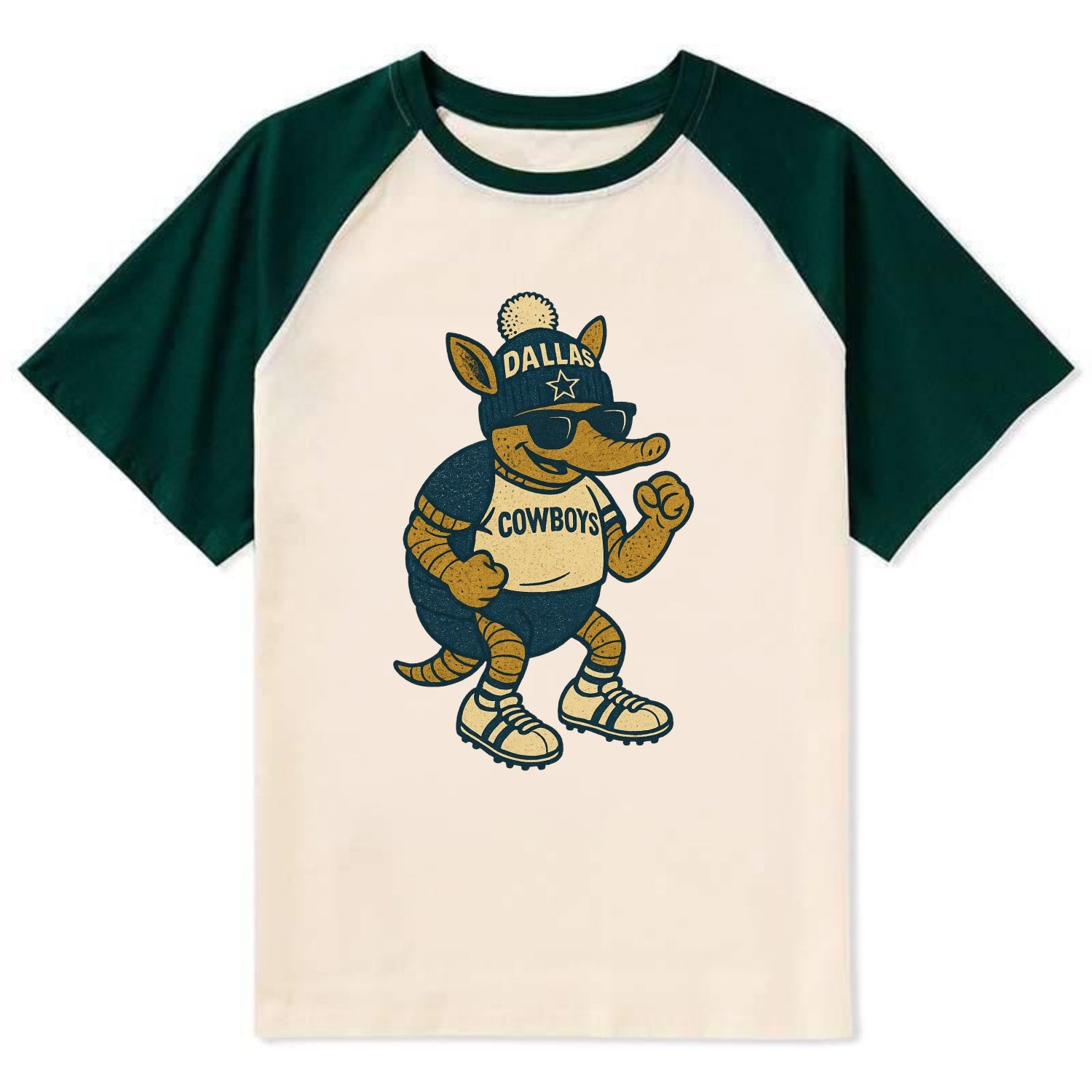 Dallas Armadillo wearing Cowboys beanie with lone star patch and wayfarer - Contrast Raglan T-shirt - Green