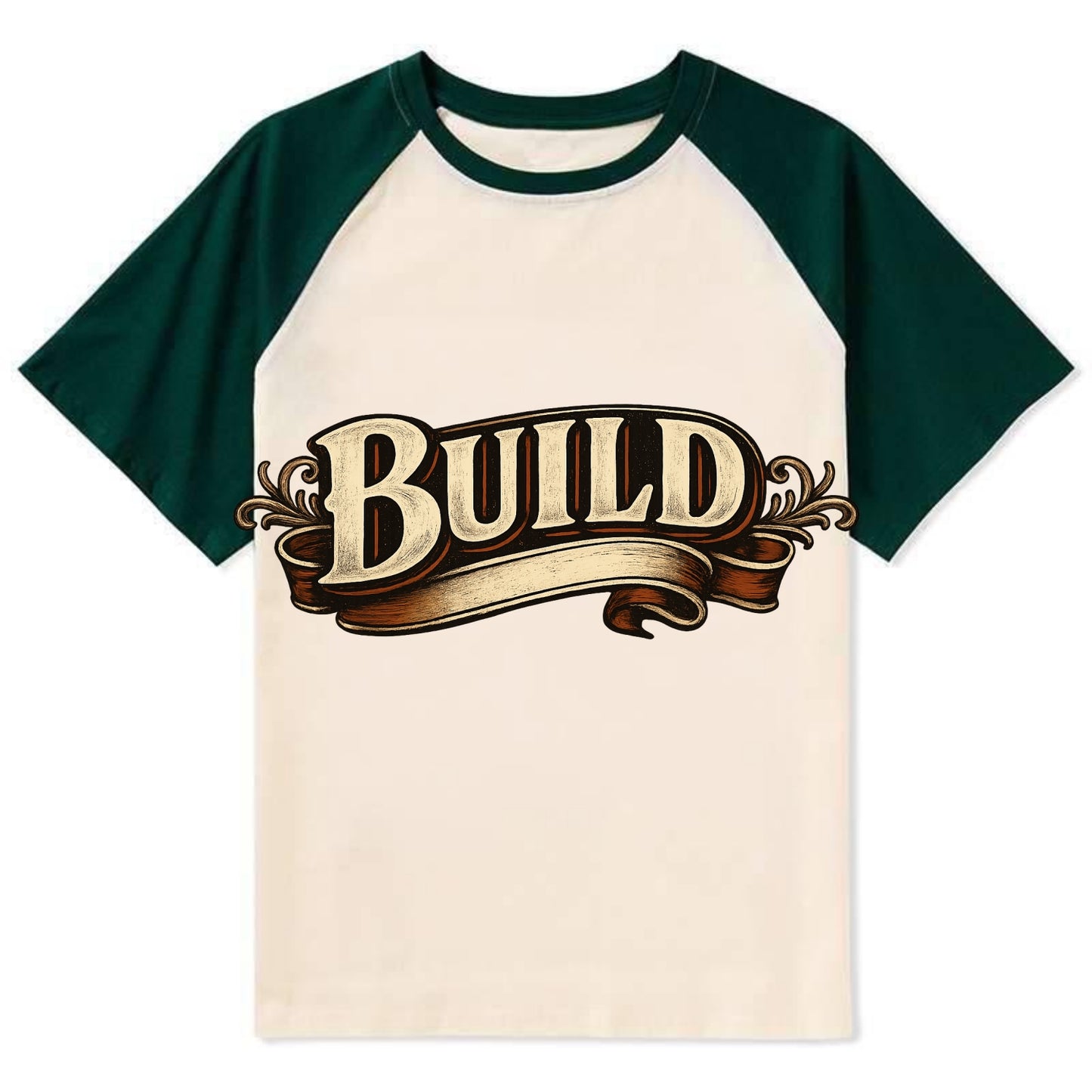 Bold typography design - "BUILD" - constructing, making real - Contrast Raglan T-shirt - Green
